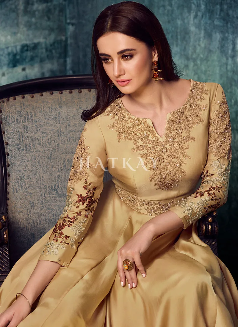 Golden Yellow Zari Embroidered Designer Gown