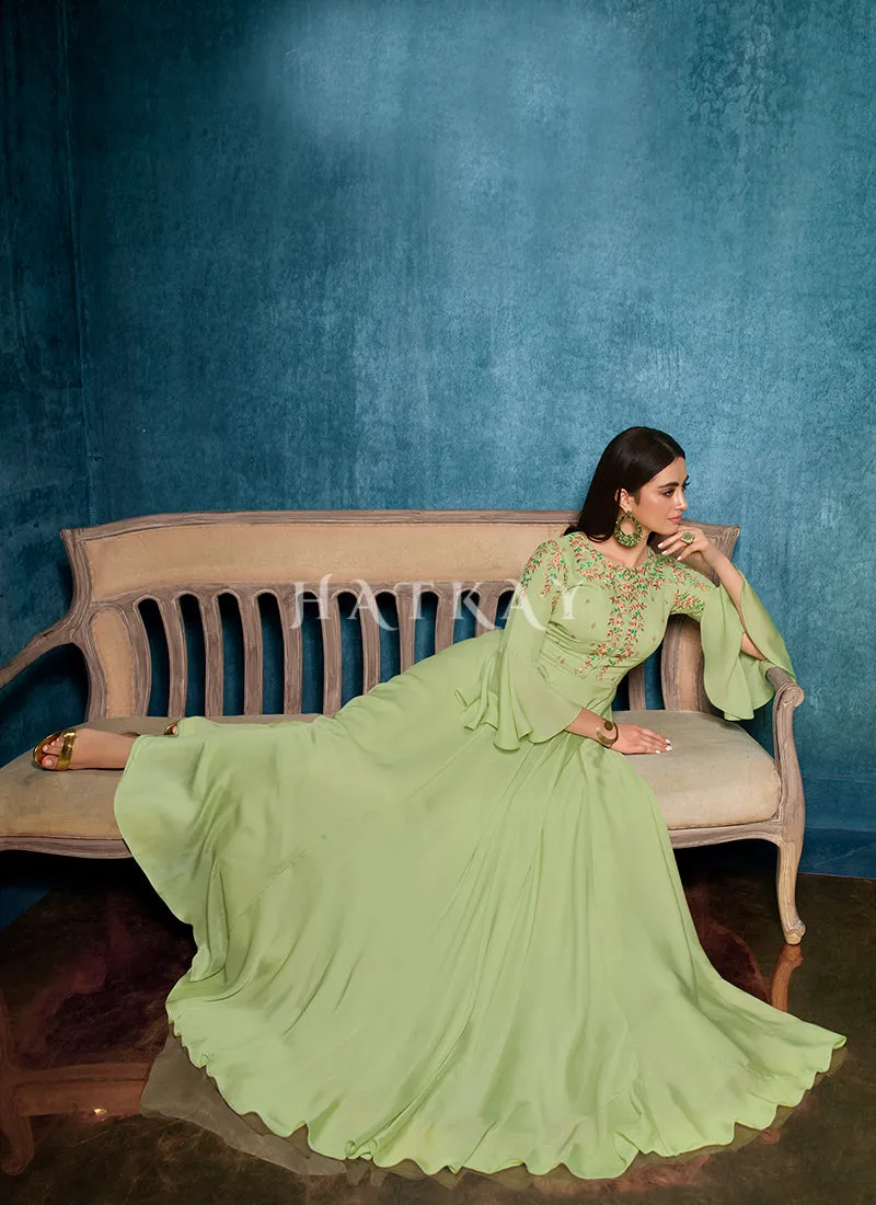 Green Multi Embroidered Designer Gown