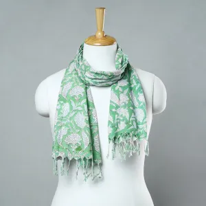 Green - Sanganeri Block Printed Cotton Stole with Tassels 119