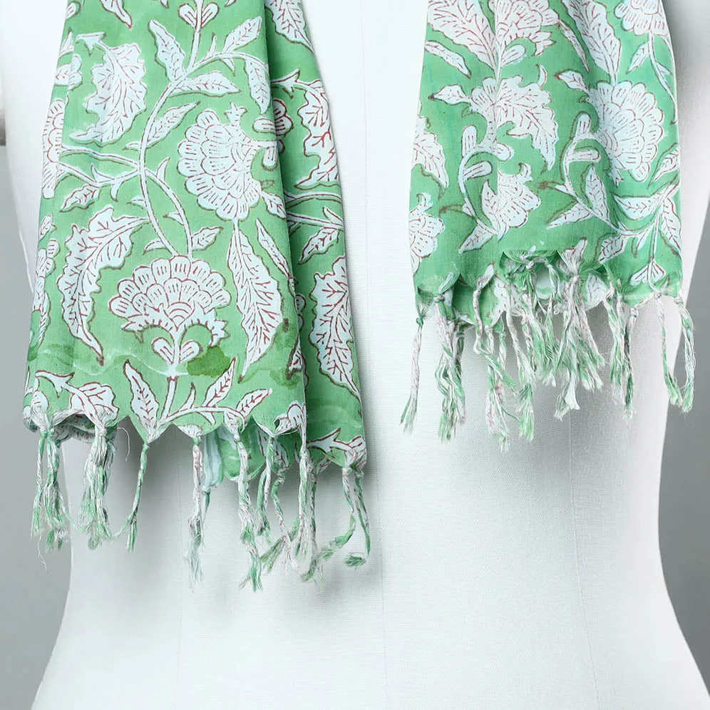 Green - Sanganeri Block Printed Cotton Stole with Tassels 119