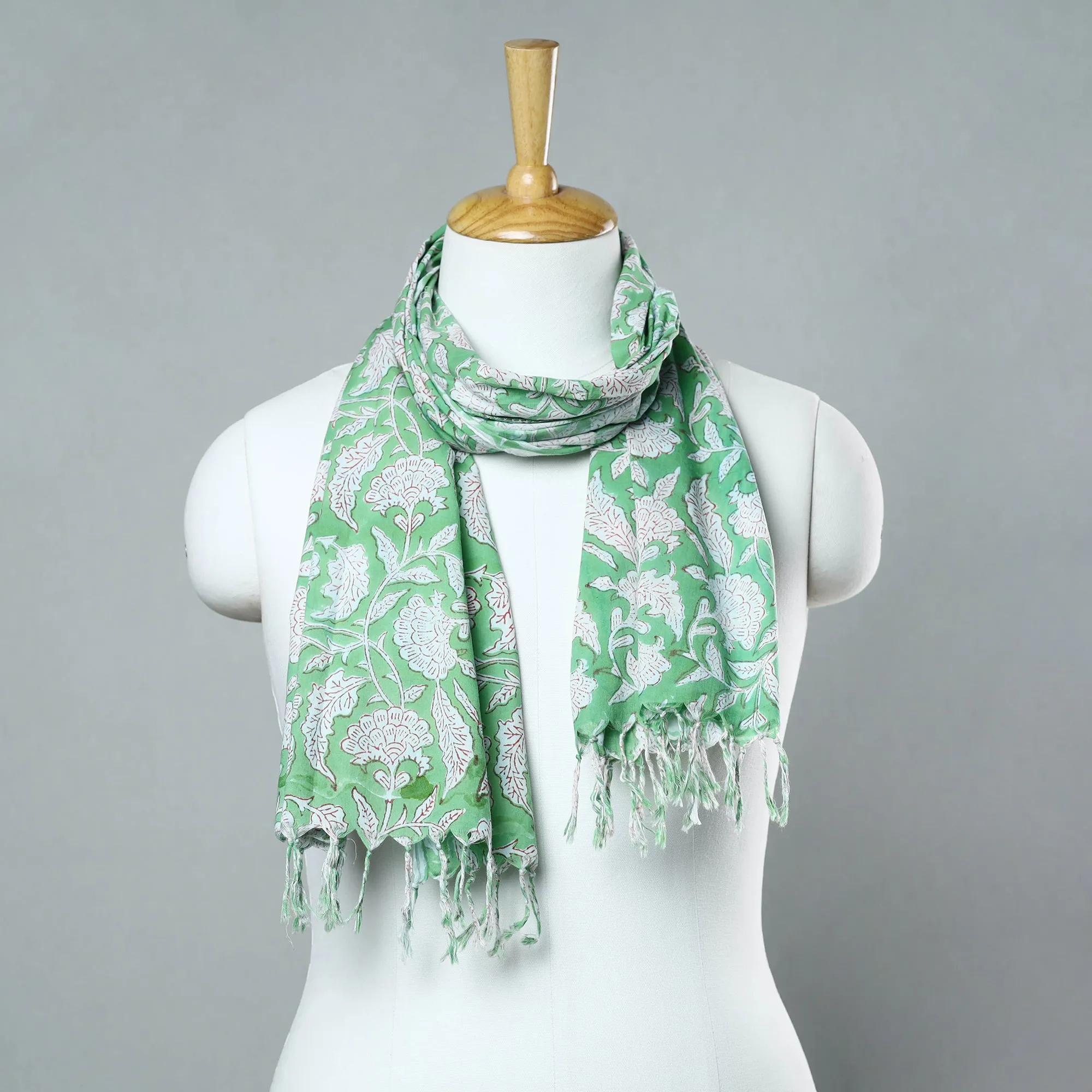 Green - Sanganeri Block Printed Cotton Stole with Tassels 119