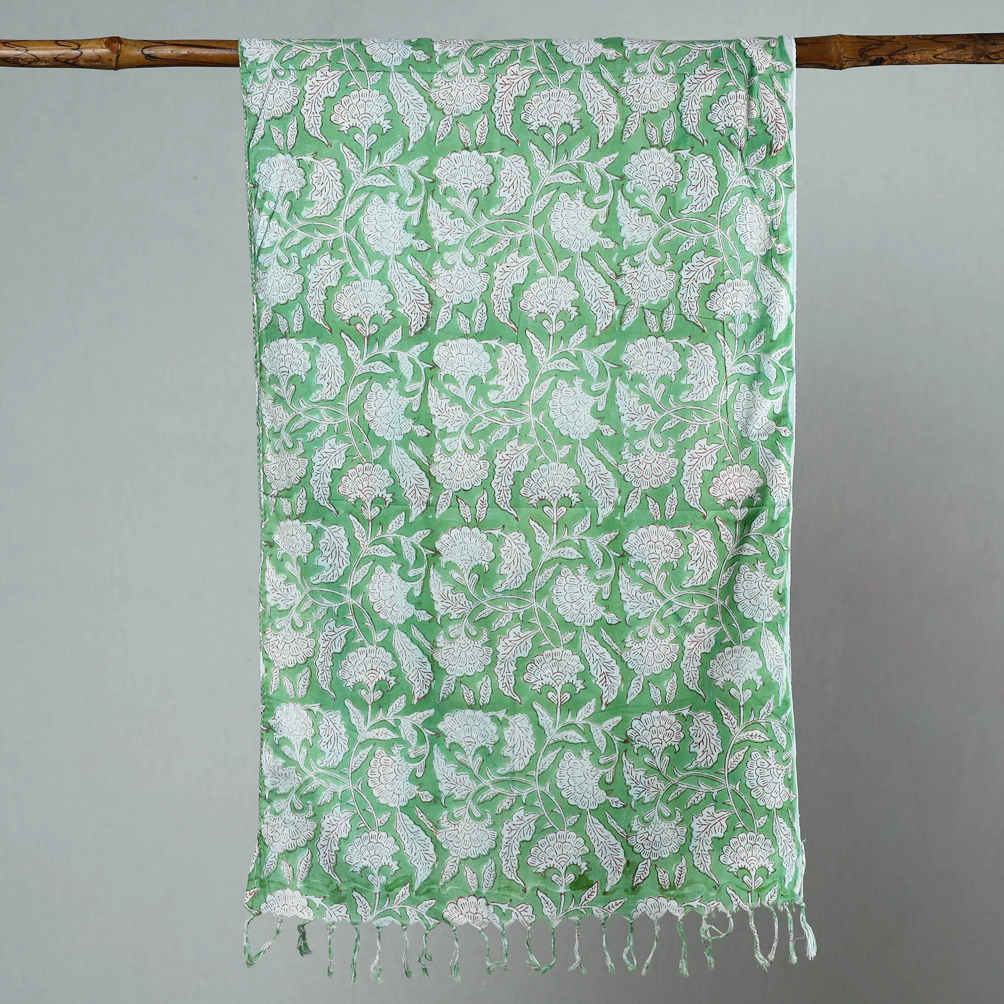 Green - Sanganeri Block Printed Cotton Stole with Tassels 119