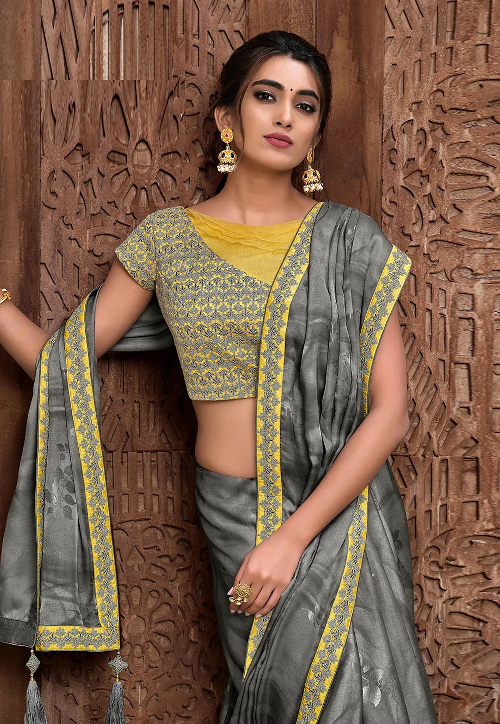 Grey And Yellow Traditional Embroidered Silk Saree