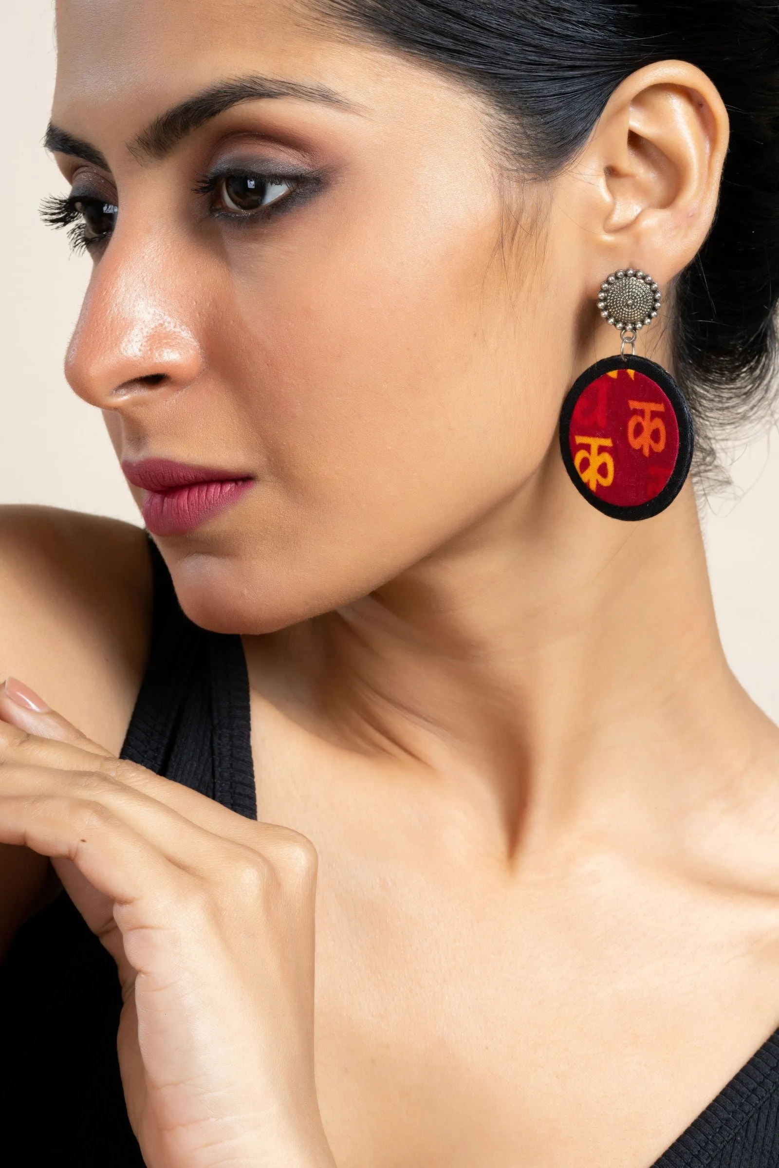 Handmade Red Yellow Black Scripted Fabric with Oxidized Floral Stud Earrings, Unique Artisanal Jewelry