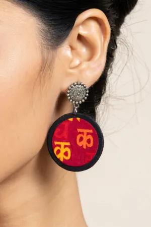 Handmade Red Yellow Black Scripted Fabric with Oxidized Floral Stud Earrings, Unique Artisanal Jewelry