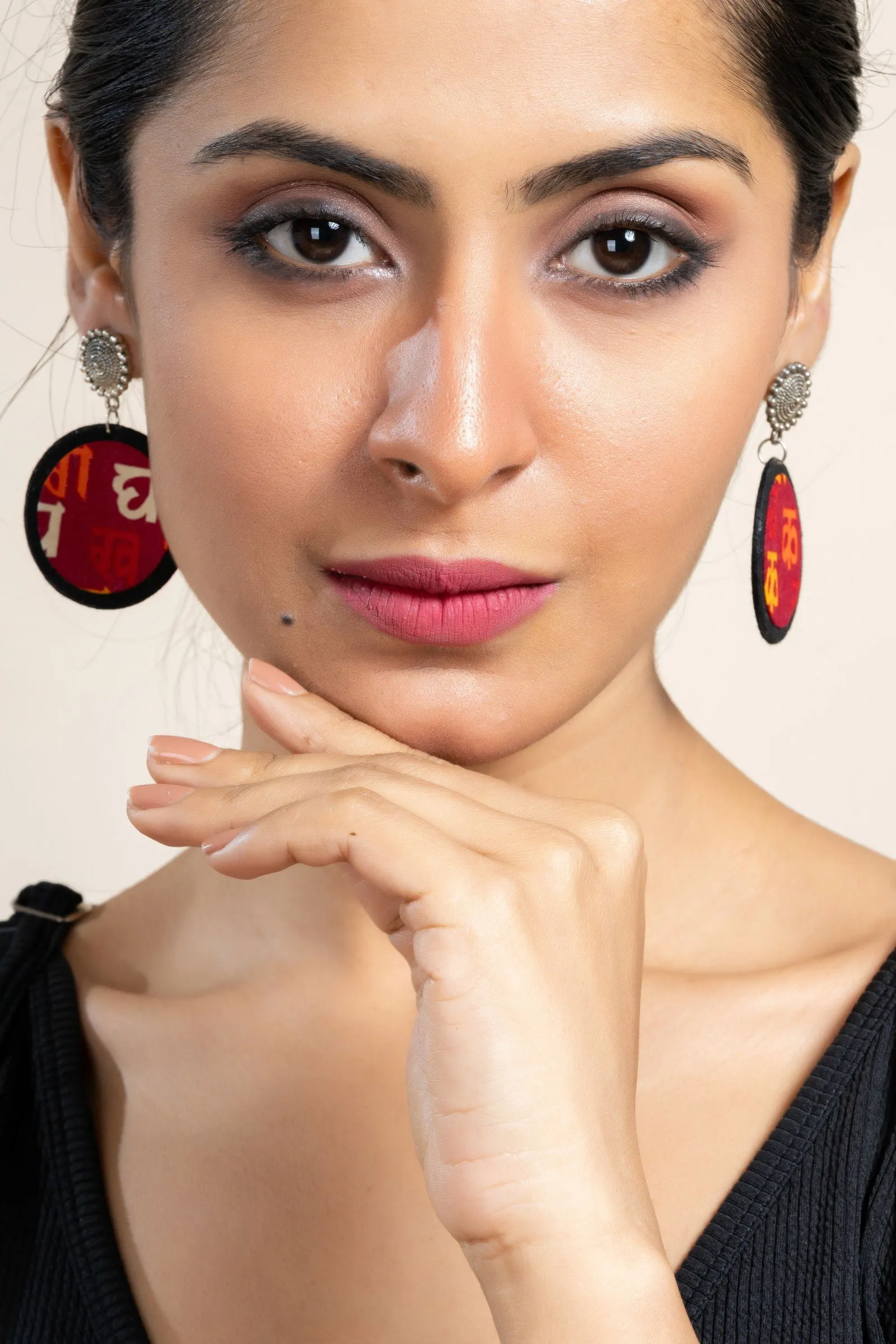 Handmade Red Yellow Black Scripted Fabric with Oxidized Floral Stud Earrings, Unique Artisanal Jewelry