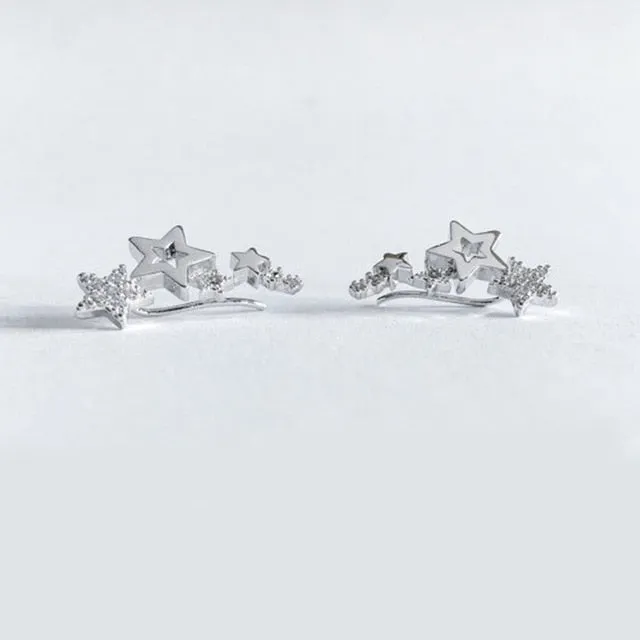 Hip Hop Jewelry Simple Stylish Stars Stud Earrings for Women with Zircon in Silver Color