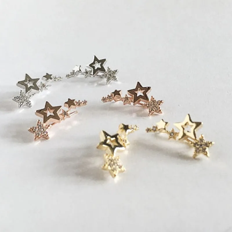 Hip Hop Jewelry Simple Stylish Stars Stud Earrings for Women with Zircon in Silver Color