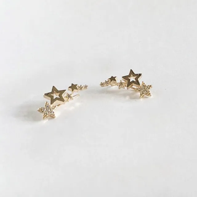 Hip Hop Jewelry Simple Stylish Stars Stud Earrings for Women with Zircon in Silver Color