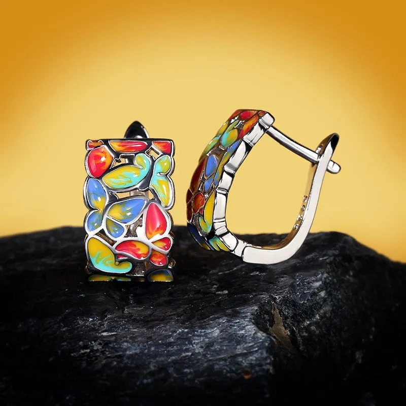 Hollow Colorful Butterfly Enamel Hoop Earrings for Women in 925 Sterling Silver