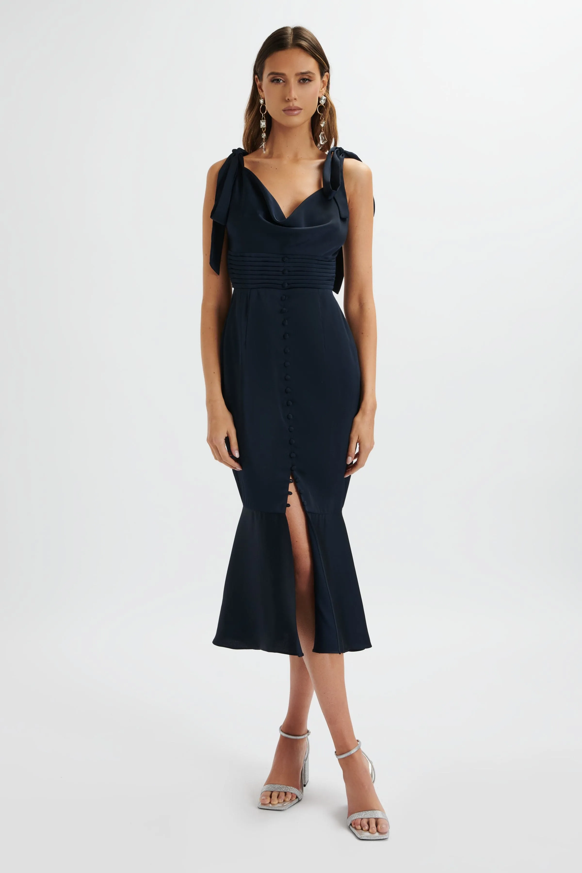 INDIE Satin Cowl Neck Micro Button Longline Midi Dress In Navy