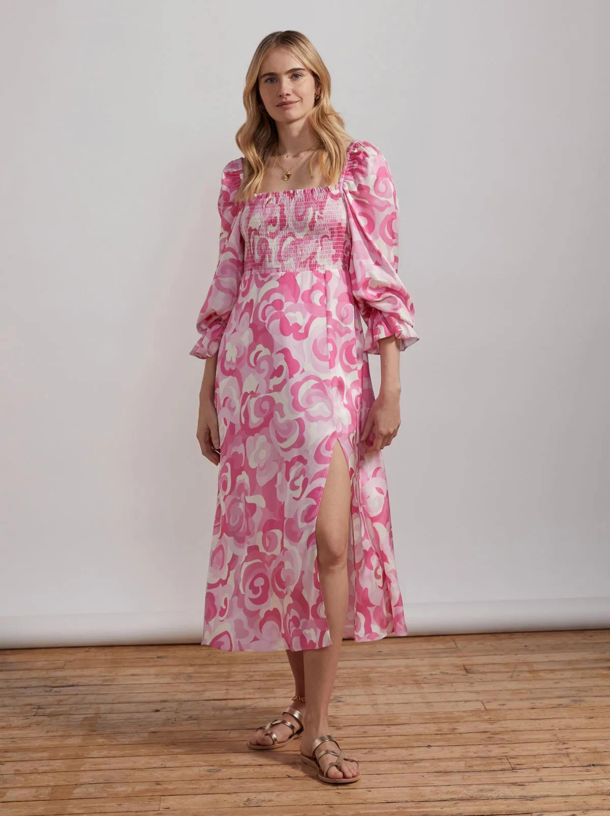 Jolene Pink Floral Swirl Midi Dress