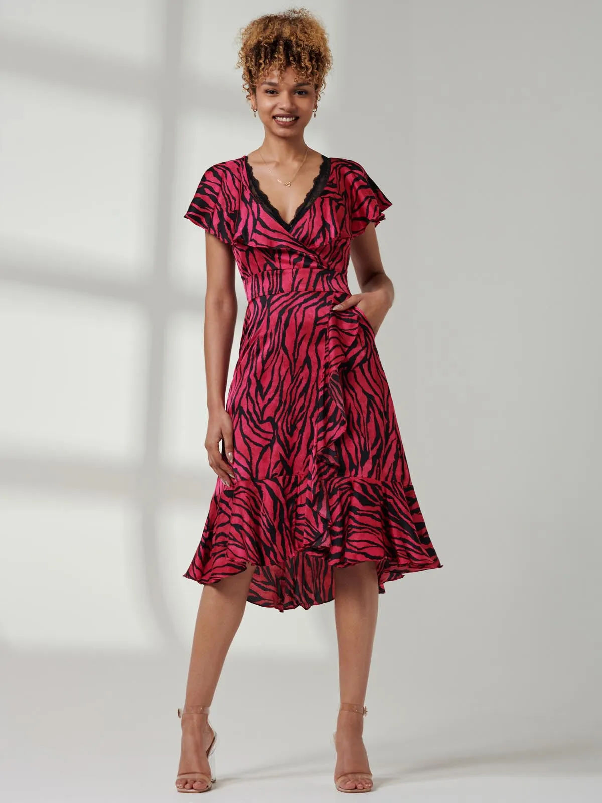 Julissa Satin Flare Hem Dress, Magenta Animal