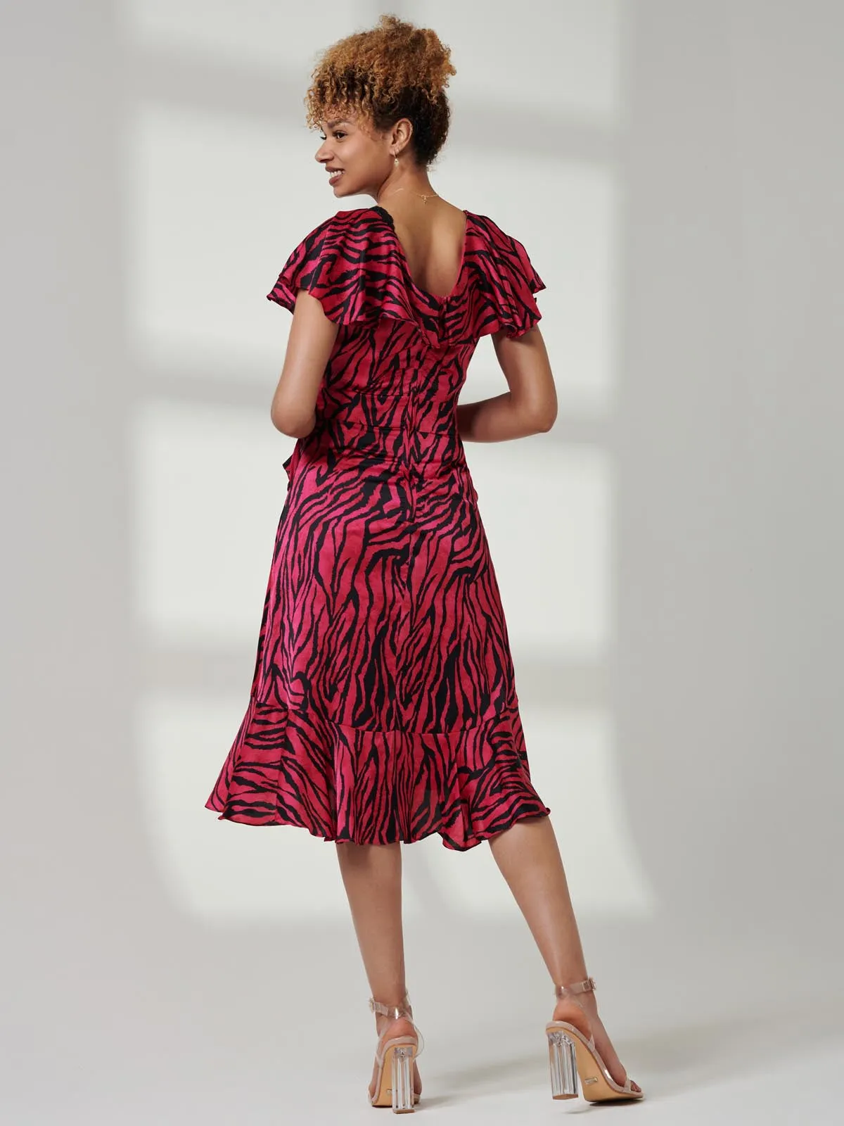 Julissa Satin Flare Hem Dress, Magenta Animal