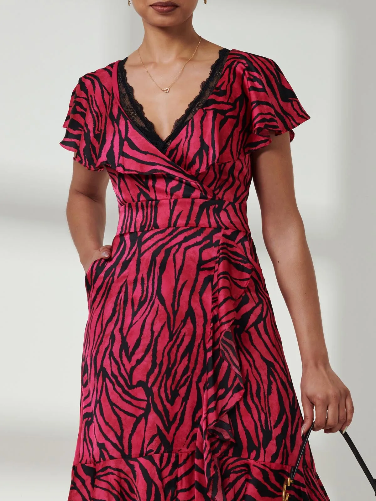 Julissa Satin Flare Hem Dress, Magenta Animal