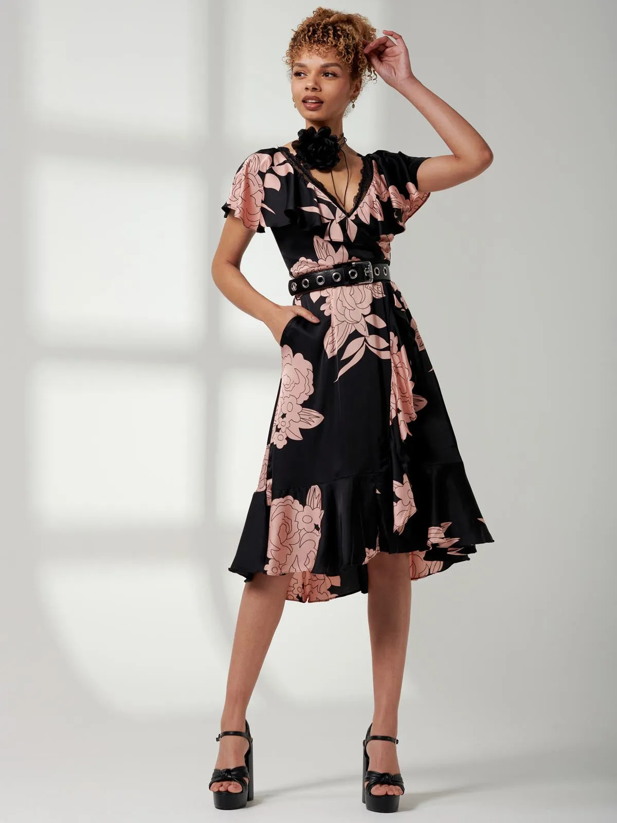 Julissa Satin Flare Hem Dress, Pink Floral