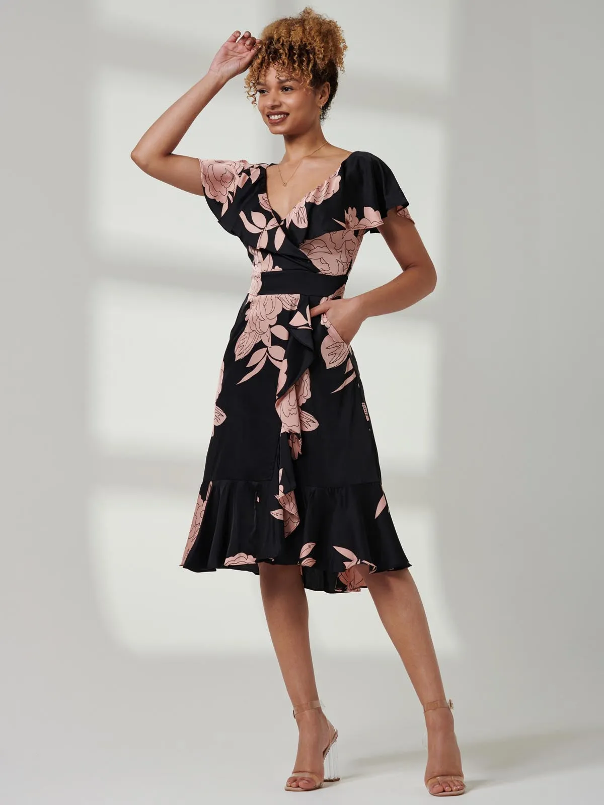 Julissa Satin Flare Hem Dress, Pink Floral