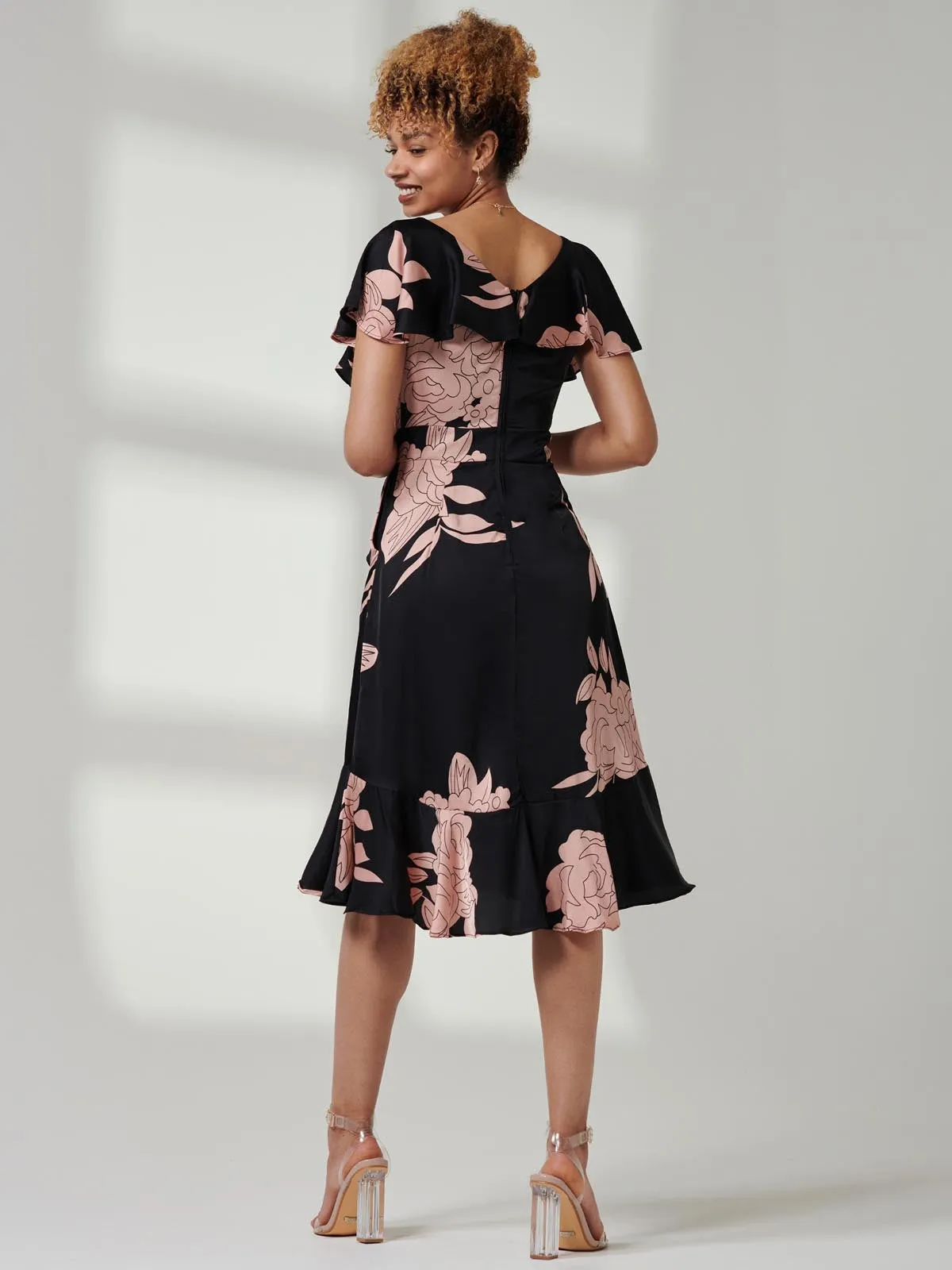 Julissa Satin Flare Hem Dress, Pink Floral