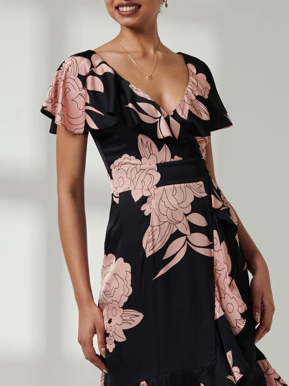 Julissa Satin Flare Hem Dress, Pink Floral