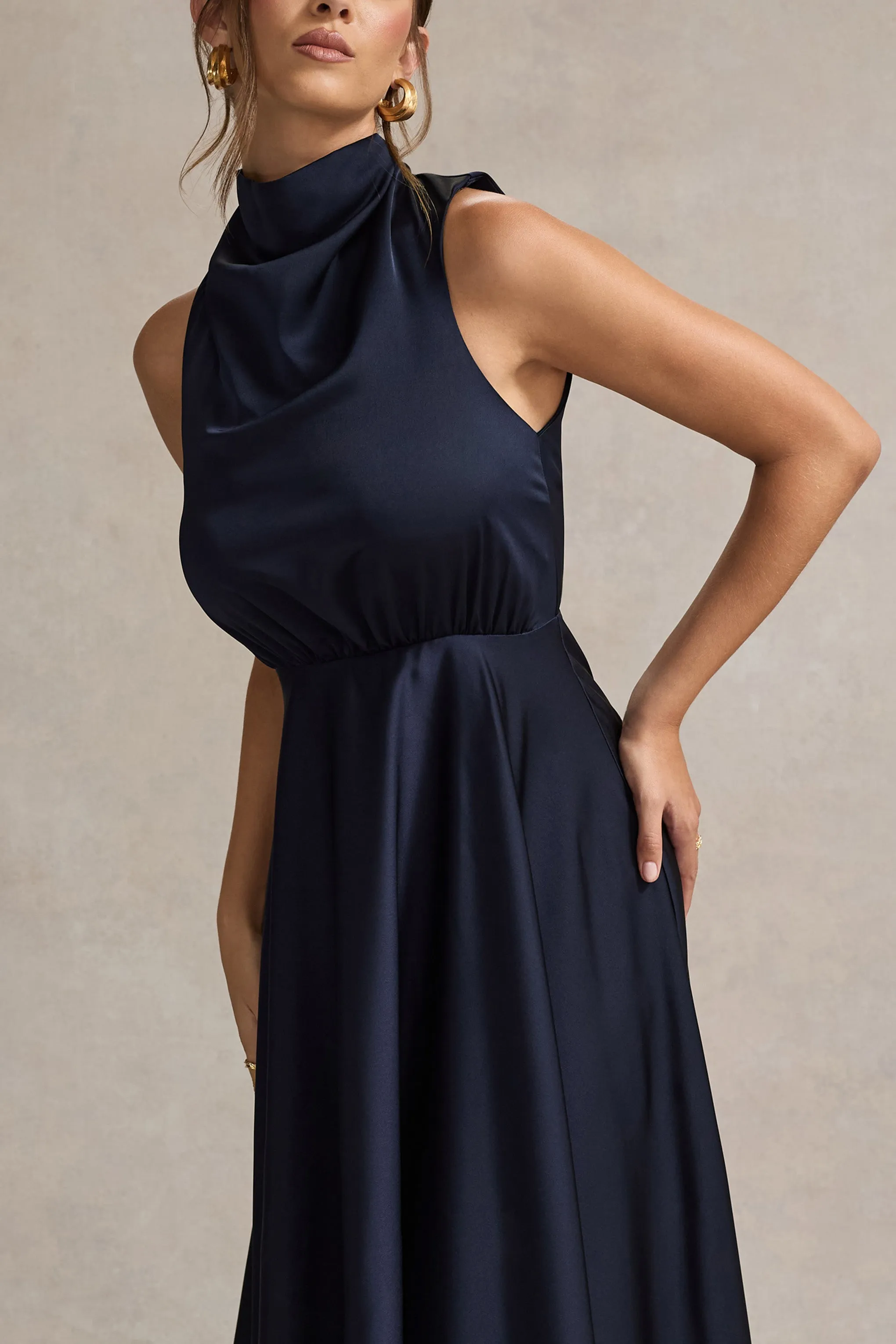 Kerri | Navy Satin Cowl-Neck Maxi Dress