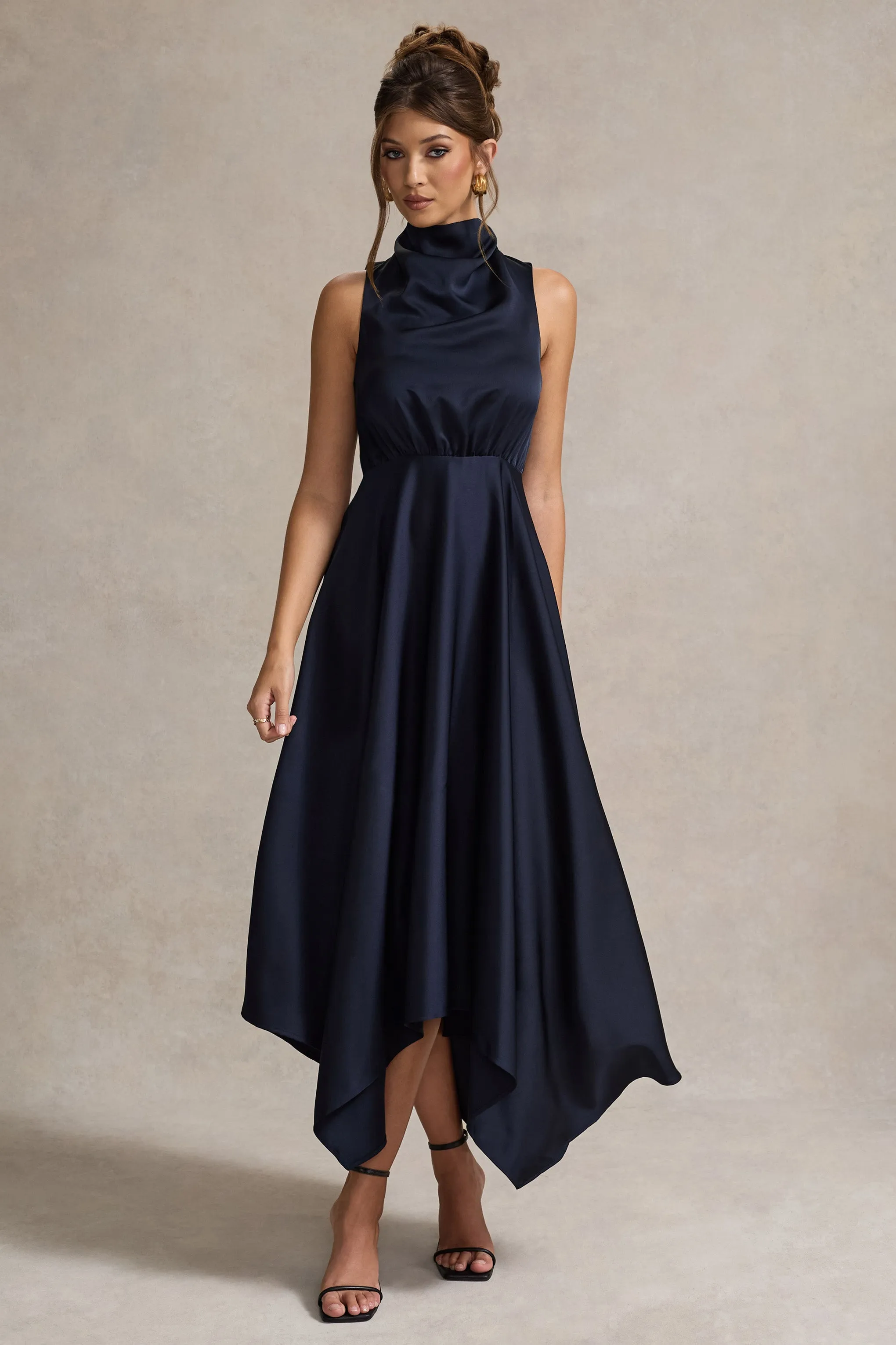 Kerri | Navy Satin Cowl-Neck Maxi Dress