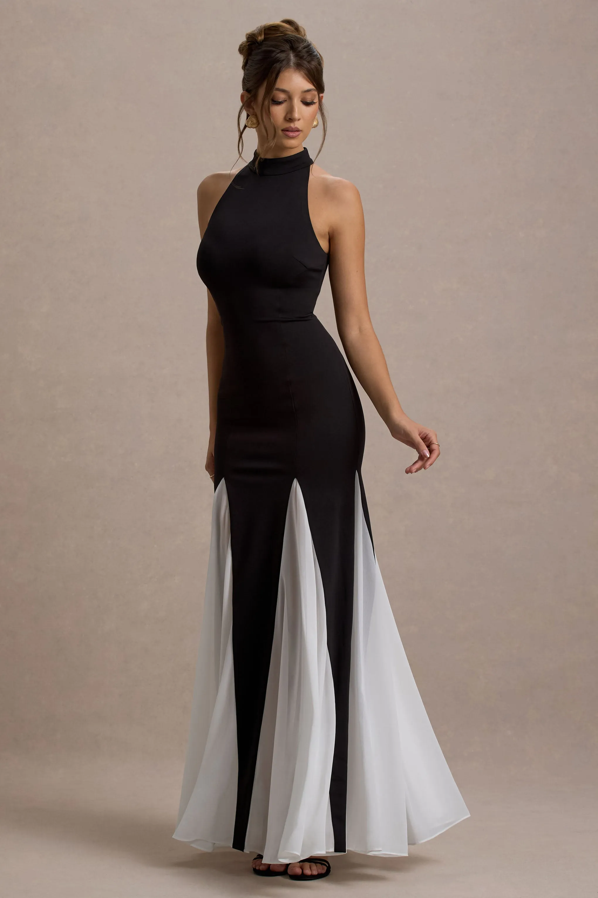 Litzy | Black High-Neck Maxi Dress With White Chiffon Trim