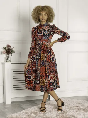 Long Sleeve Jersey Midi Dress, Red Multi