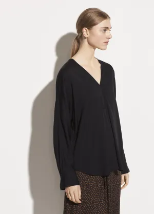 Long Sleeve Satin V-neck Popover in Black