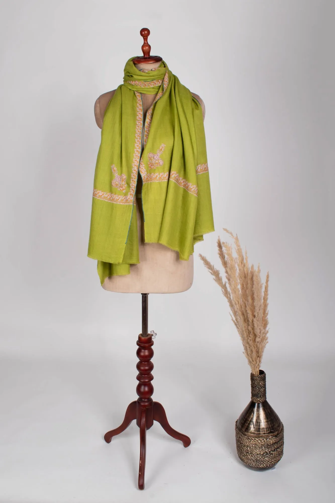 Mehandi Green Embroidered Pashmina Wrap - TRURO