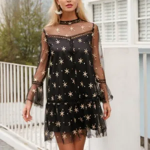 Mesh Star Print Transparent Lace Dress