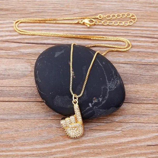 Micro Pave Gesture Hand Pendant Necklace with Rhinestone in Gold Color