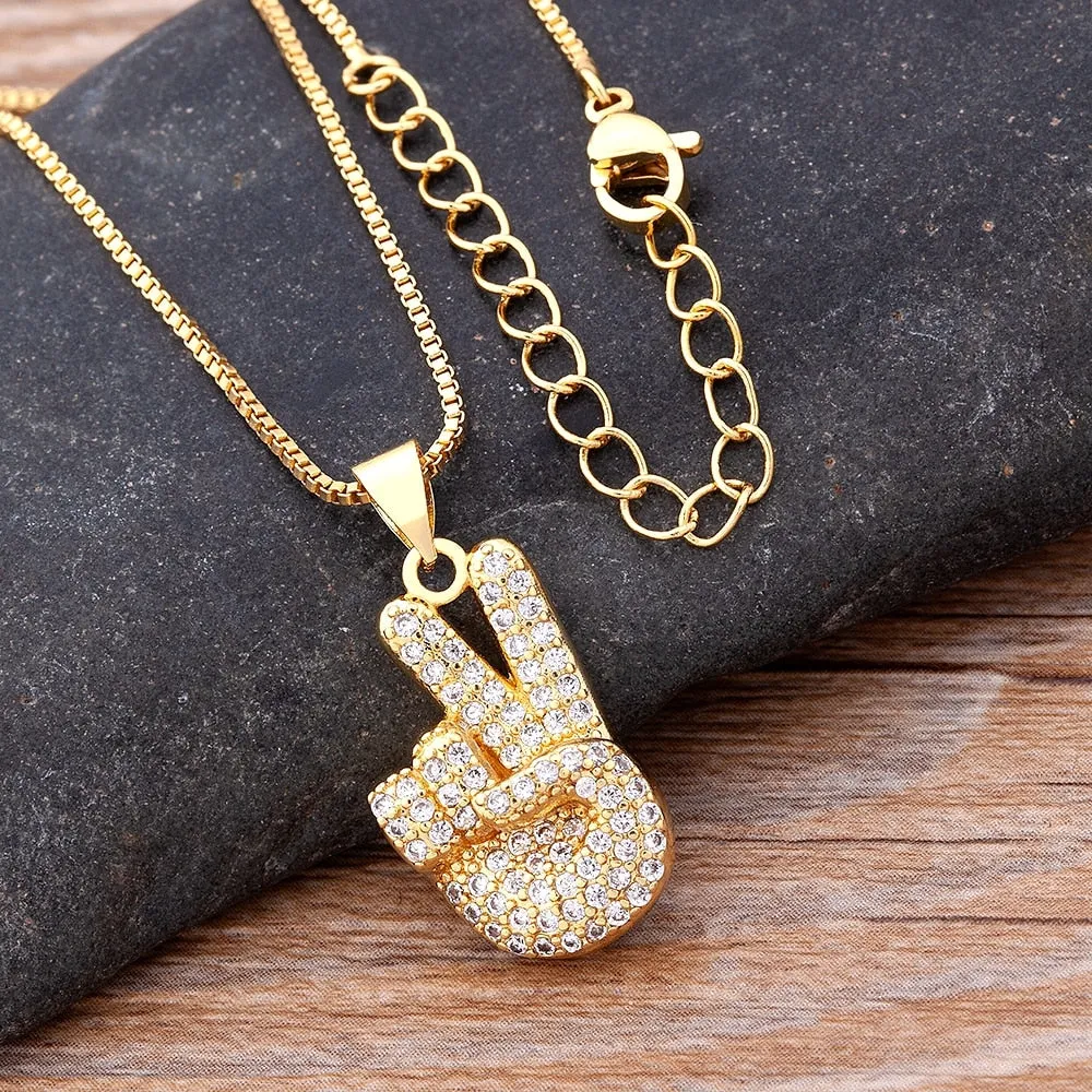 Micro Pave Gesture Hand Pendant Necklace with Rhinestone in Gold Color