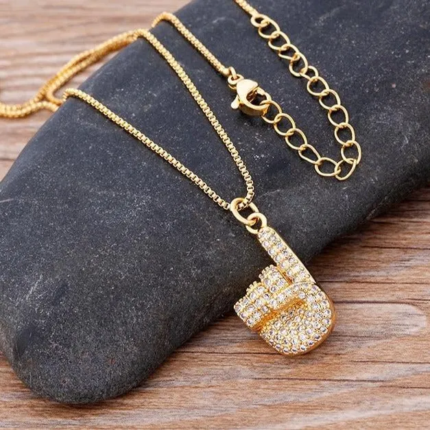 Micro Pave Gesture Hand Pendant Necklace with Rhinestone in Gold Color