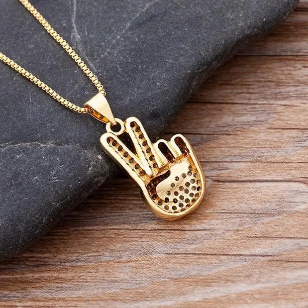 Micro Pave Gesture Hand Pendant Necklace with Rhinestone in Gold Color