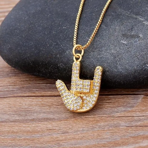 Micro Pave Gesture Hand Pendant Necklace with Rhinestone in Gold Color