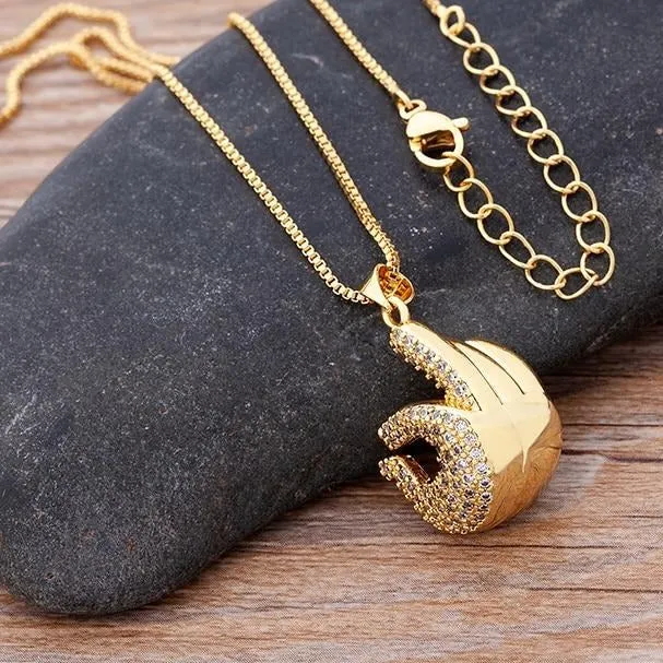 Micro Pave Gesture Hand Pendant Necklace with Rhinestone in Gold Color