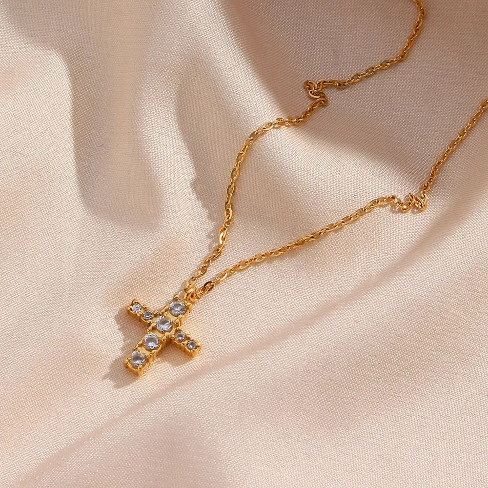 Micro Pave Small Cross Pendant Necklace with Rhinestone in Gold Color