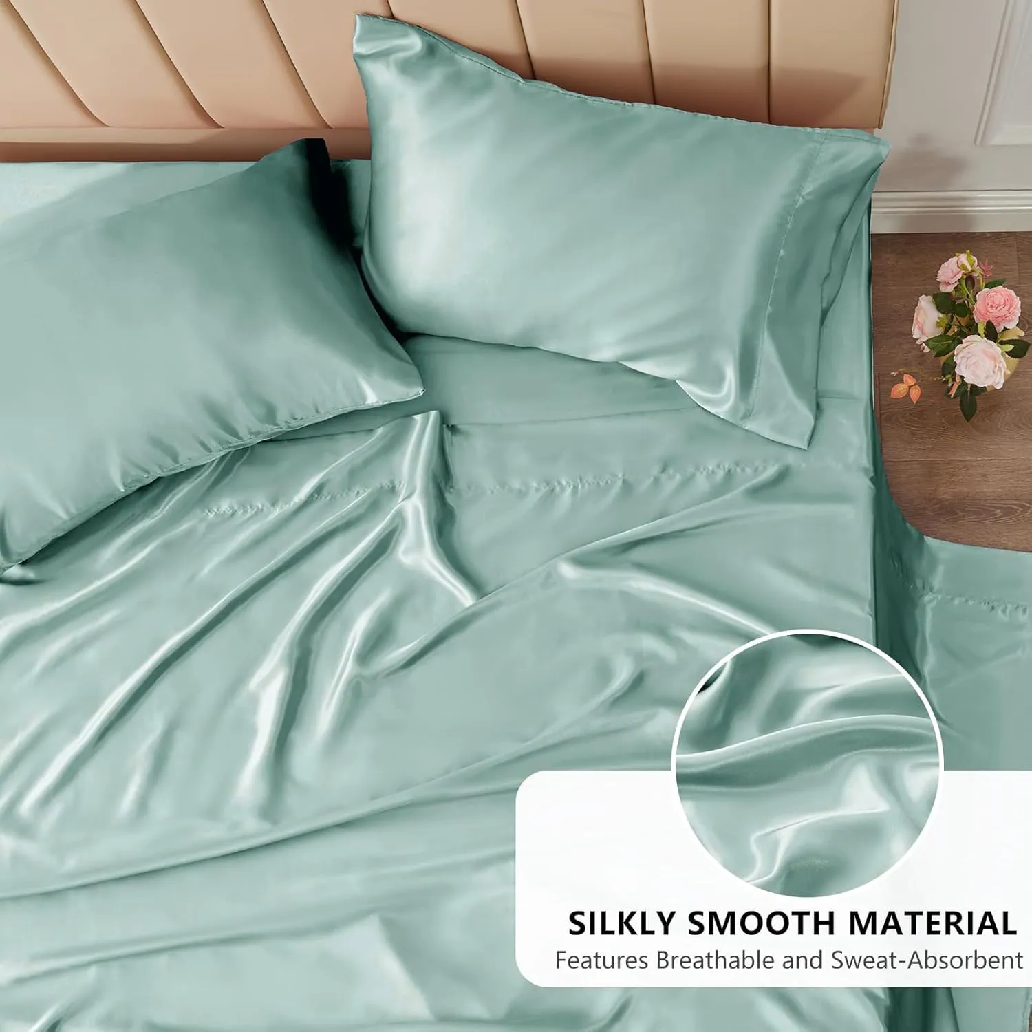 Mush 400TC Luxurious Satin Silk King Size Flat Sheet with 2 Pillow Covers - Silky Soft, Skin-Friendly, Breathable, Durable Premium Bedding | 108 X 108 Inches (Aqua Blue, King Flat)