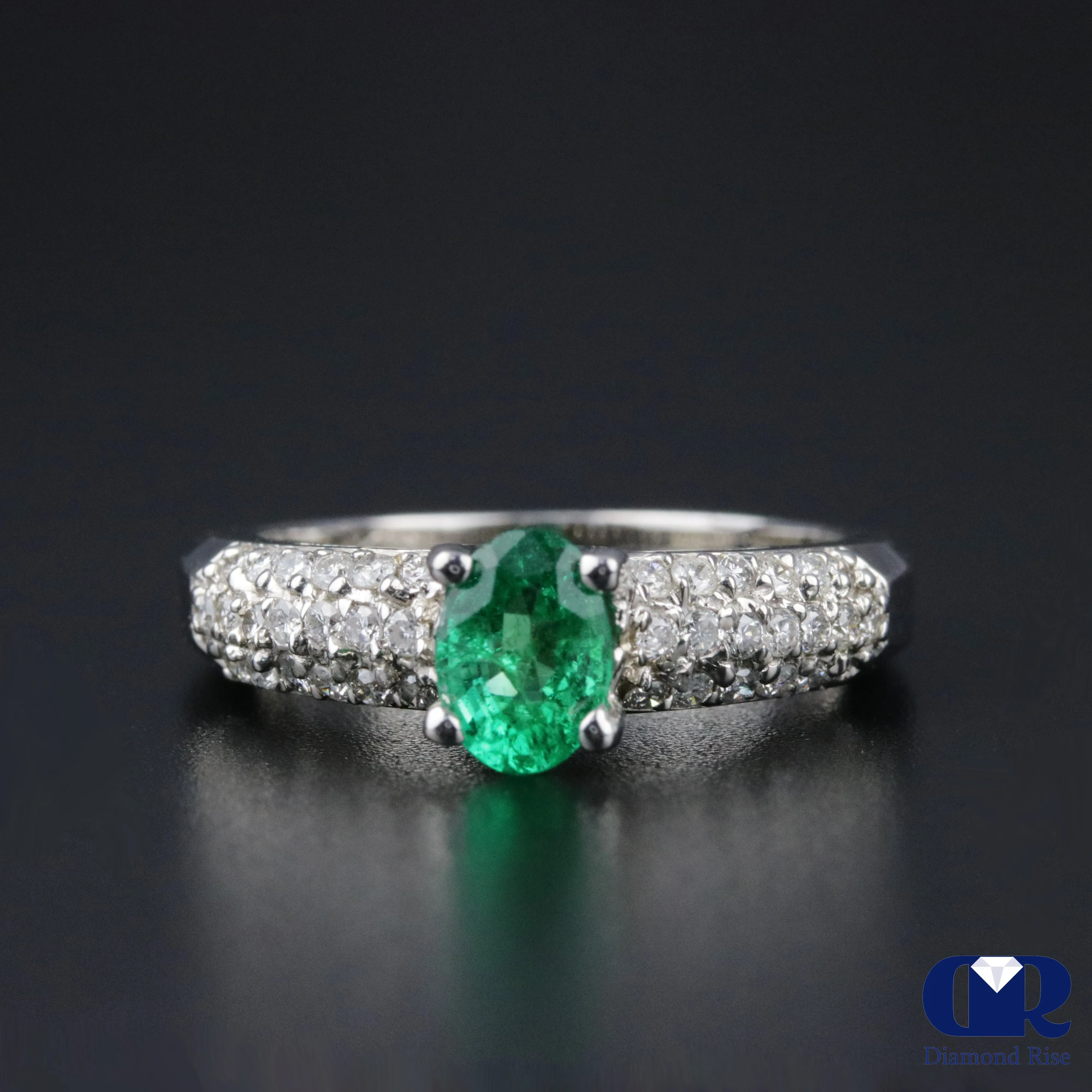 Natural 1.10 Ct Emerald & Diamond Engagement Ring 14K White Gold