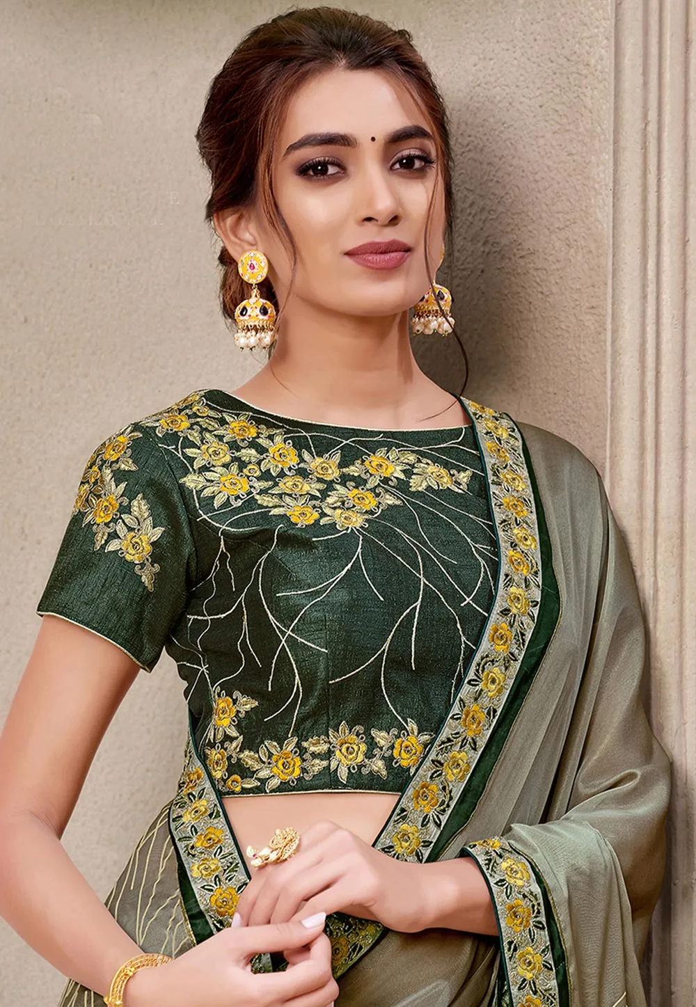 Olive Green Traditional Embroidered Silk Saree