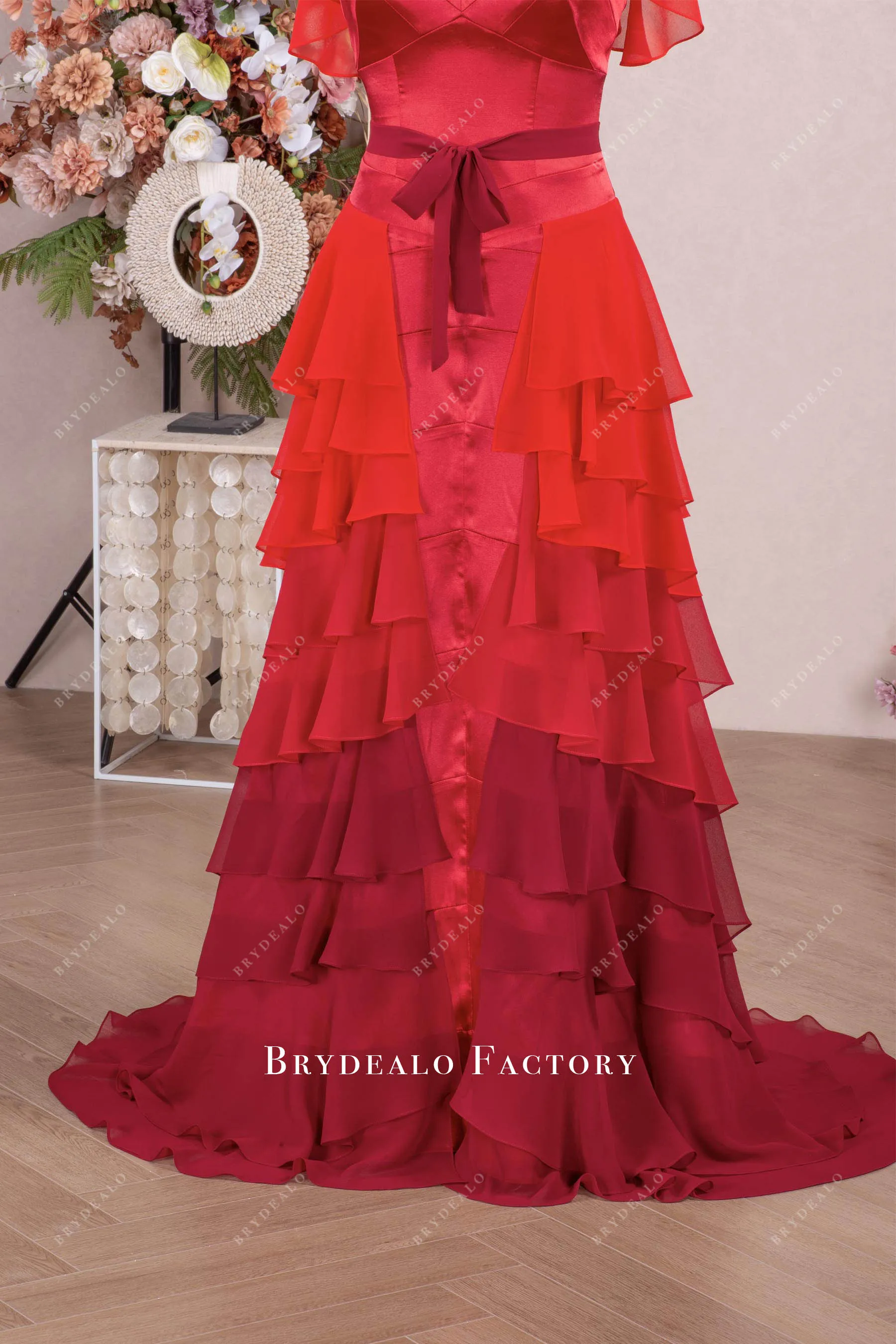 Ombre Red Flutter Sleeve Tiered Chiffon Aline Prom Dress