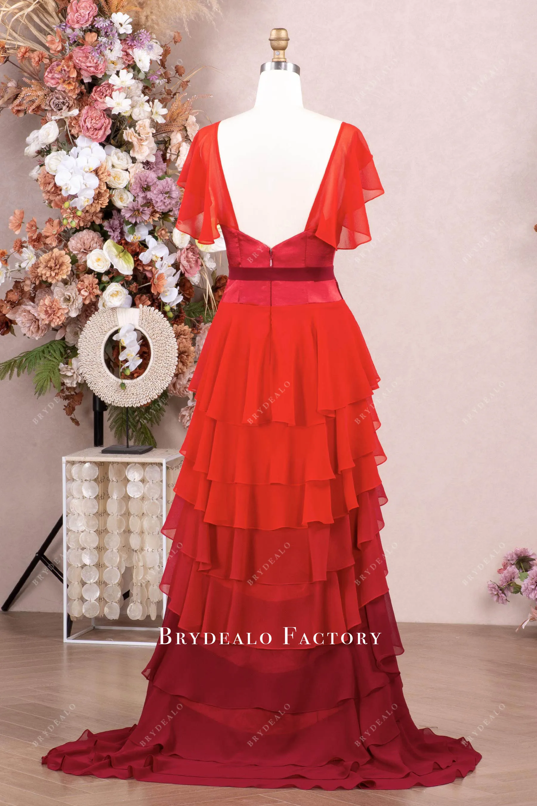 Ombre Red Flutter Sleeve Tiered Chiffon Aline Prom Dress