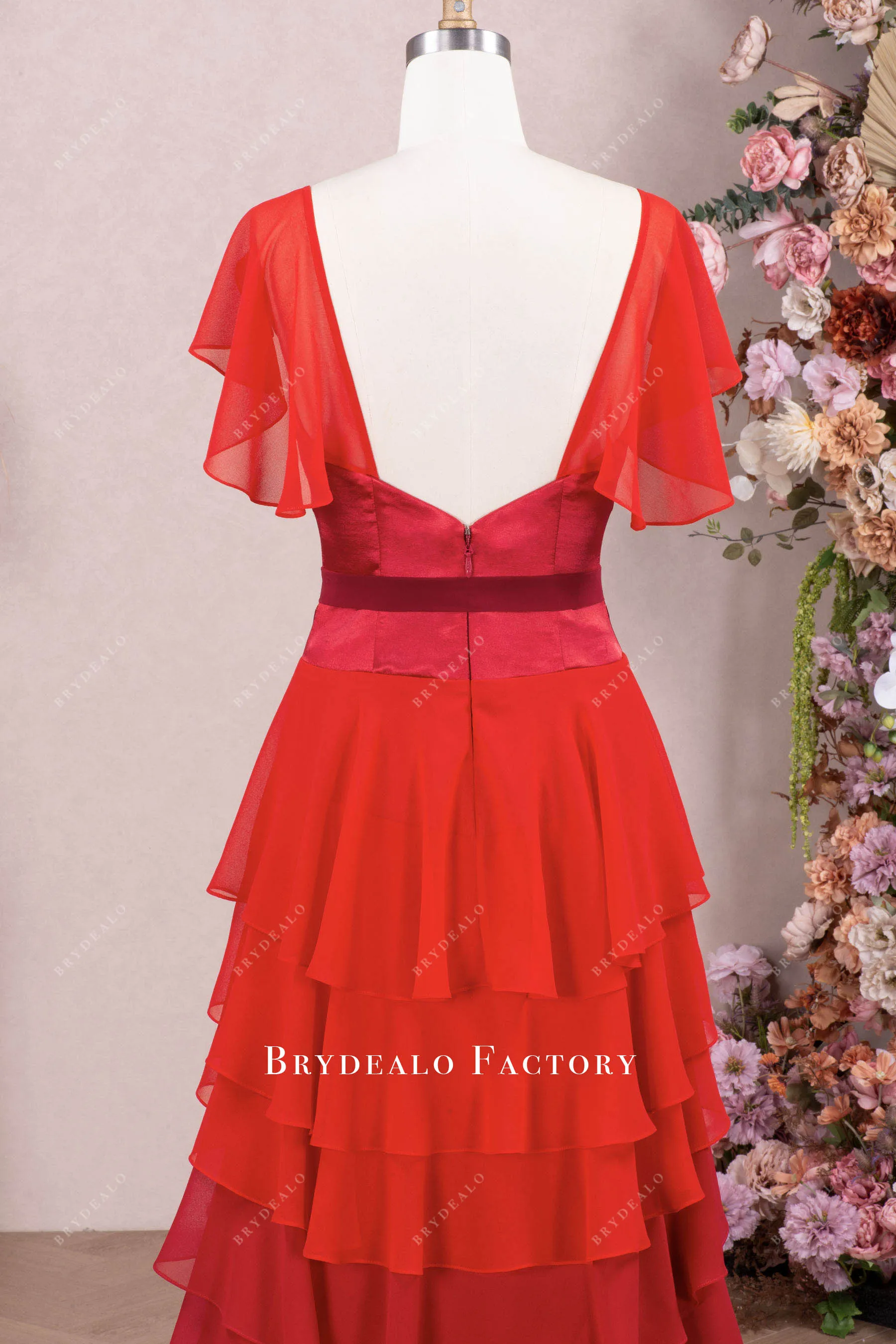 Ombre Red Flutter Sleeve Tiered Chiffon Aline Prom Dress