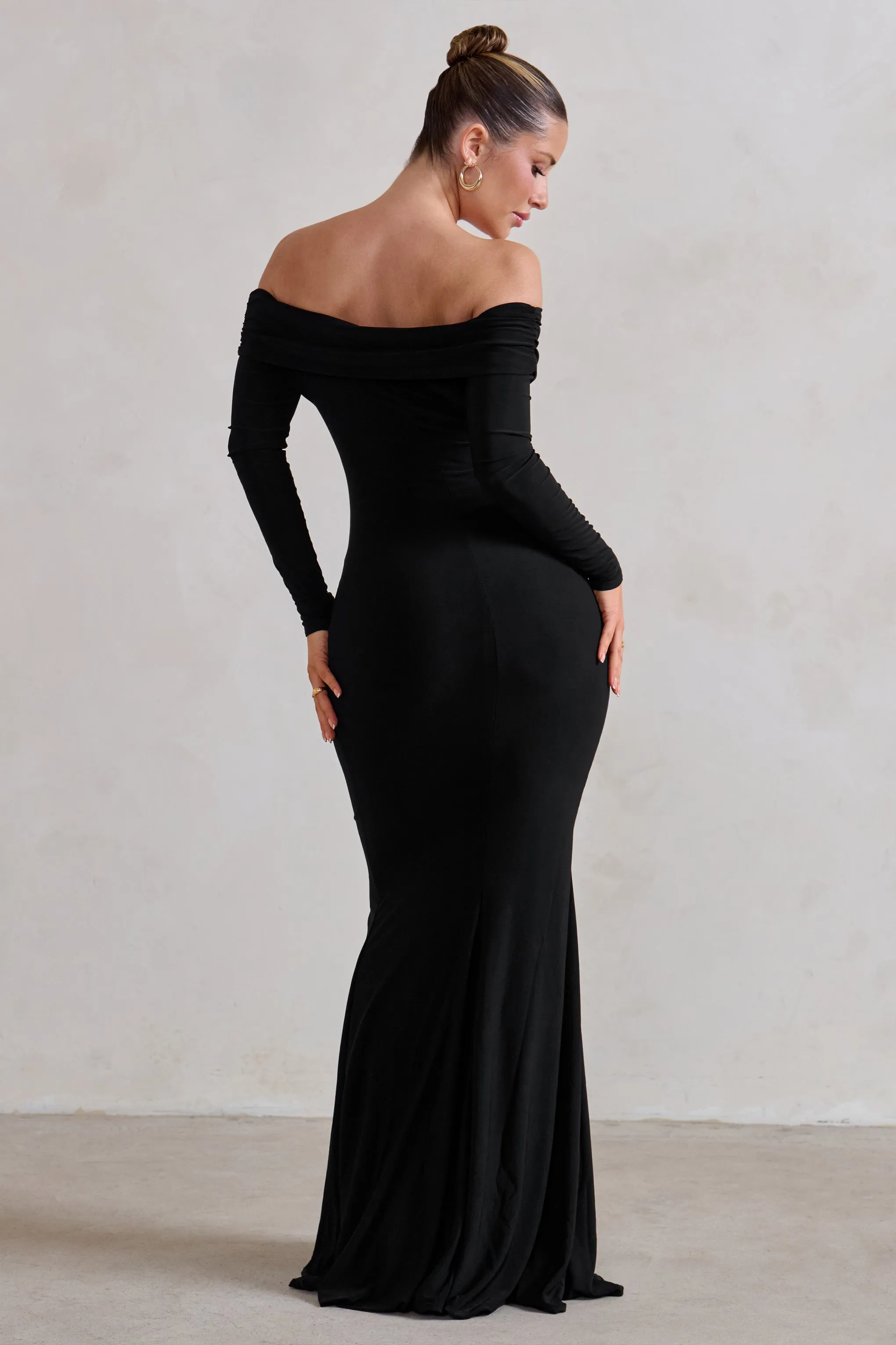 One Moment | Black Bardot Wrap Ruched Split Maxi Dress