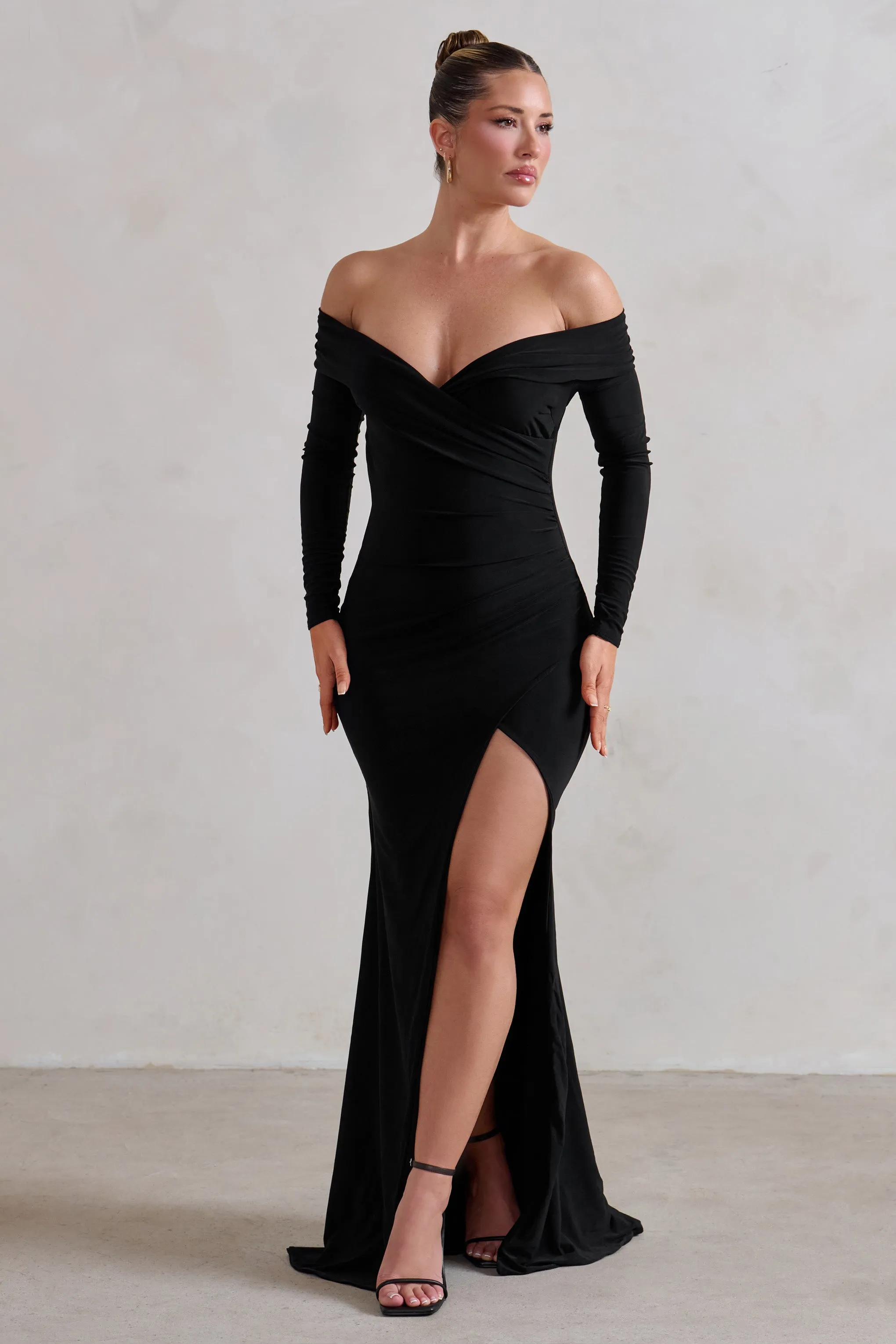 One Moment | Black Bardot Wrap Ruched Split Maxi Dress