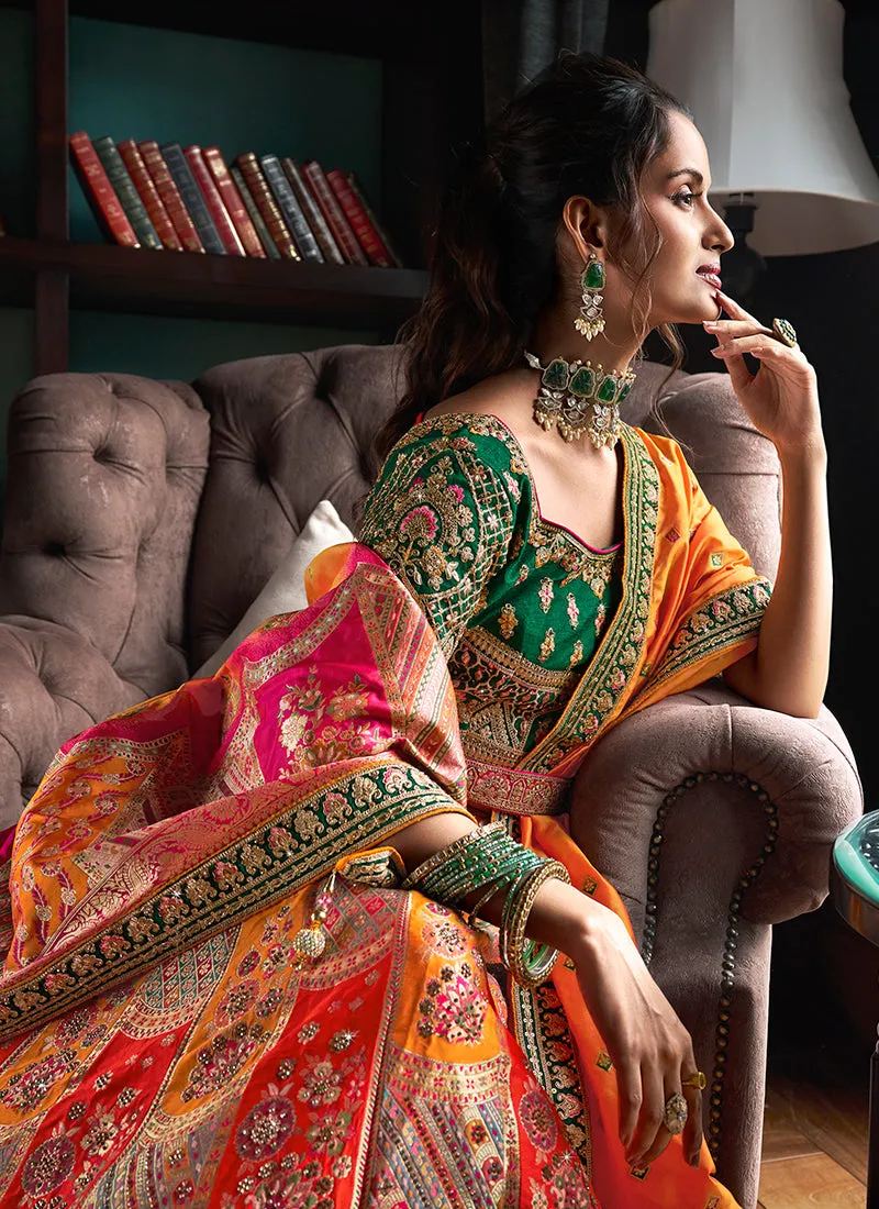 Orange And Green Embroidered Bridal Lehenga Choli