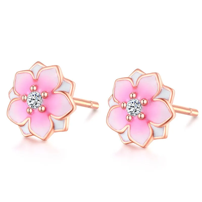 Peach Blossom Epoxy Stud Earrings for Women with Zircon in 925 Sterling Silver