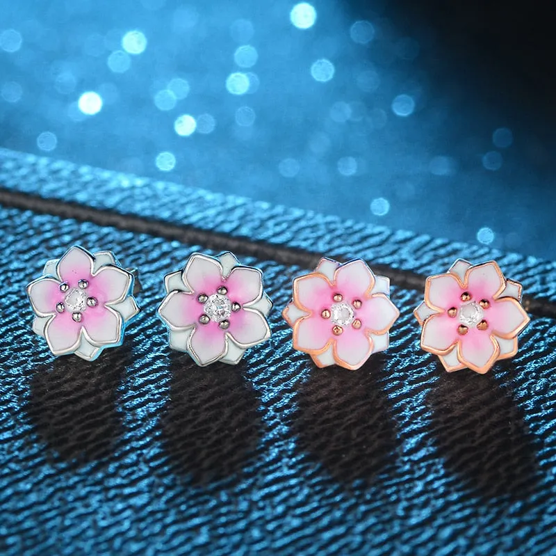 Peach Blossom Epoxy Stud Earrings for Women with Zircon in 925 Sterling Silver