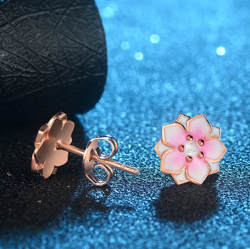 Peach Blossom Epoxy Stud Earrings for Women with Zircon in 925 Sterling Silver