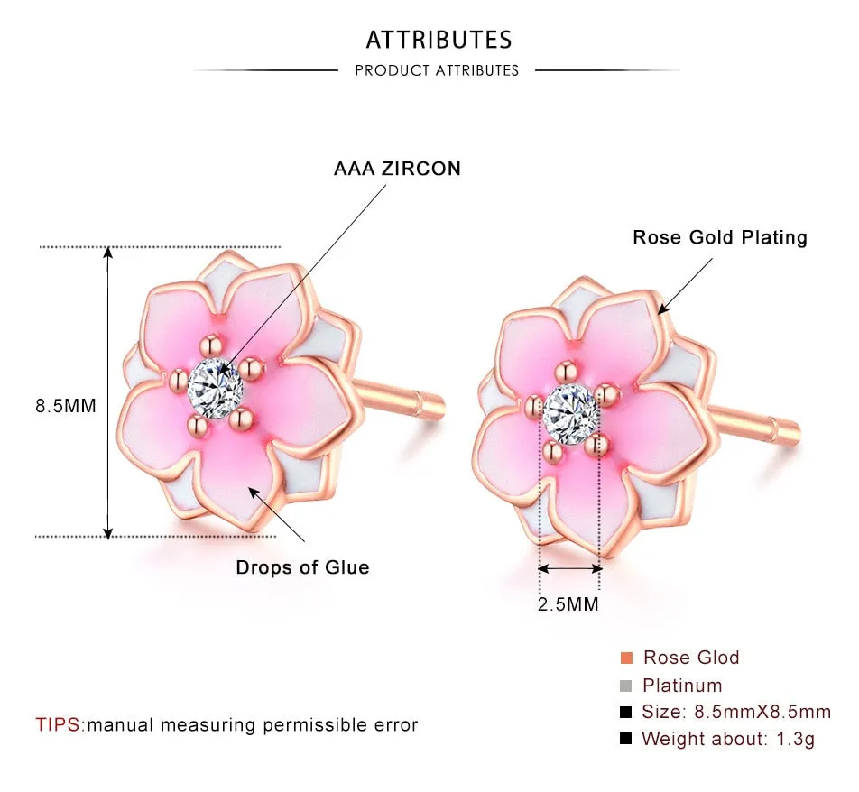 Peach Blossom Epoxy Stud Earrings for Women with Zircon in 925 Sterling Silver